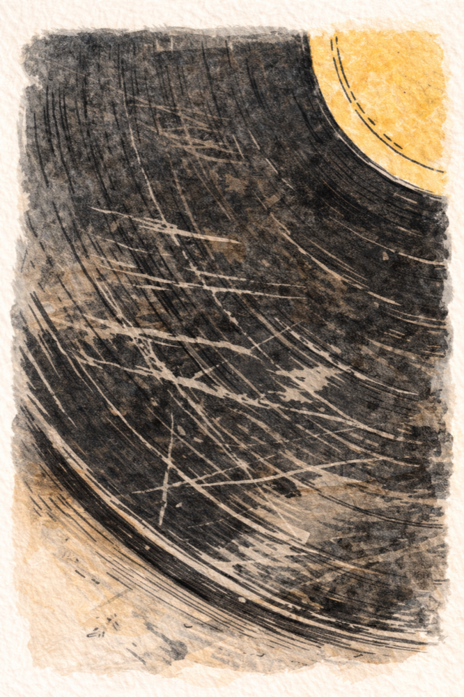 Close-up of a record groove on the turntable during a dinner-set rare groove lane