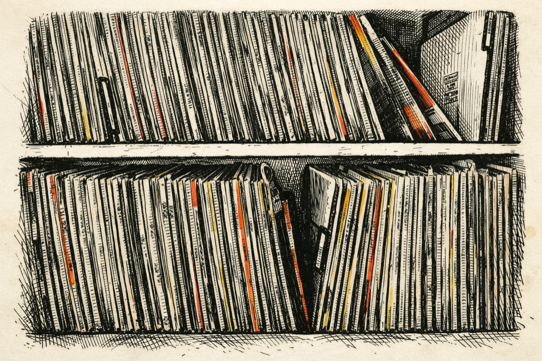 Worn LP sleeves lined across two wooden record shelves.