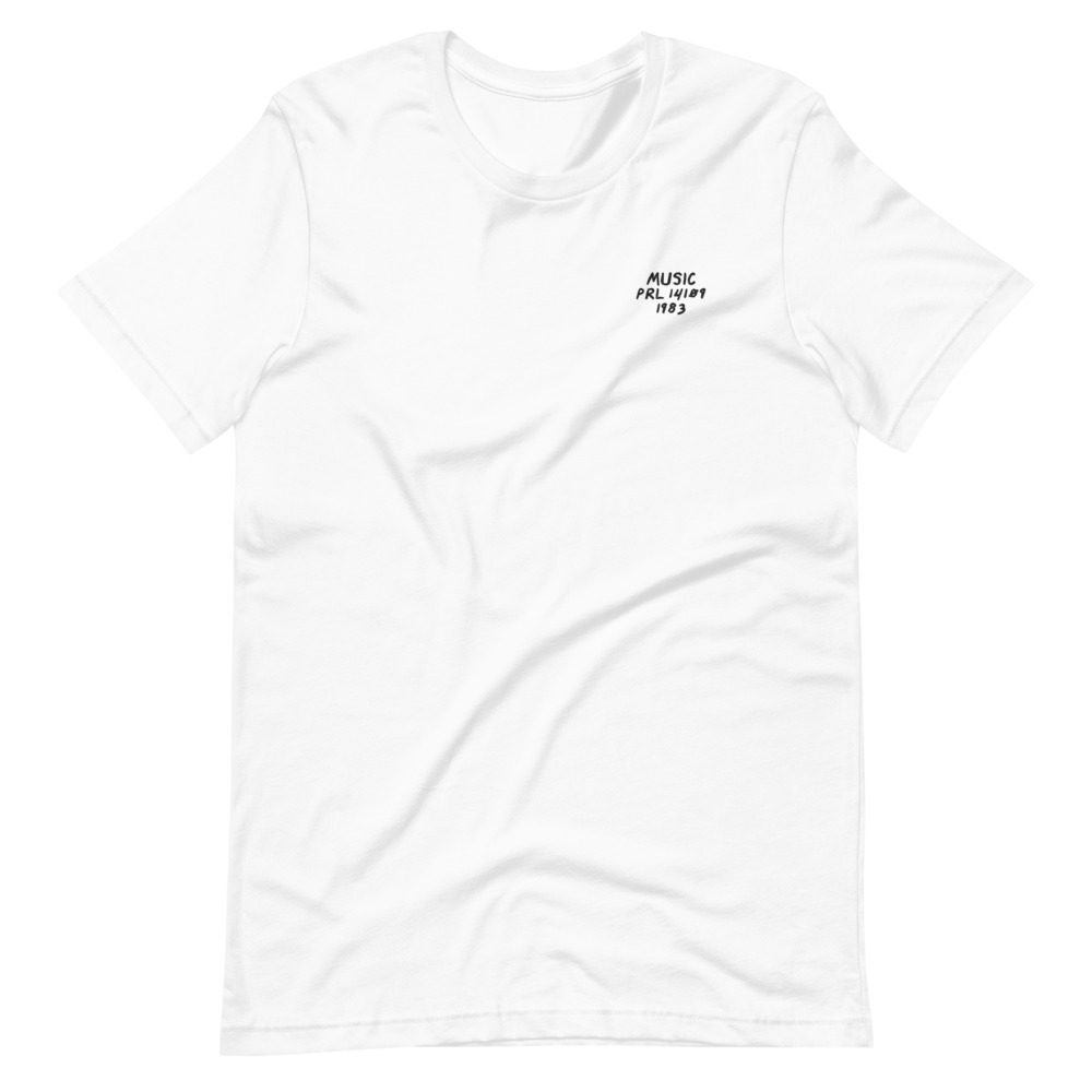 Its shirt, wrinkled: a white tee with the record embroidered on the chest