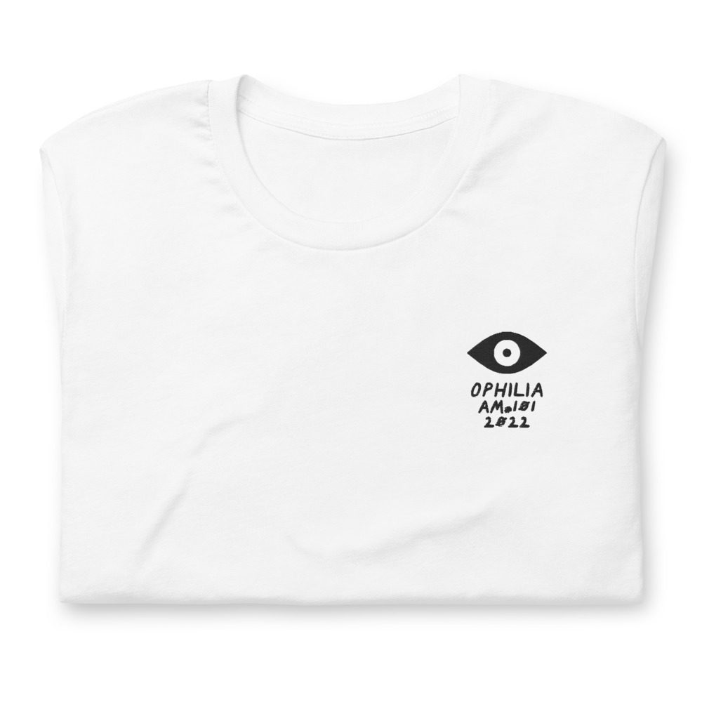 Its shirt, folded: a white tee with the record embroidered on the chest