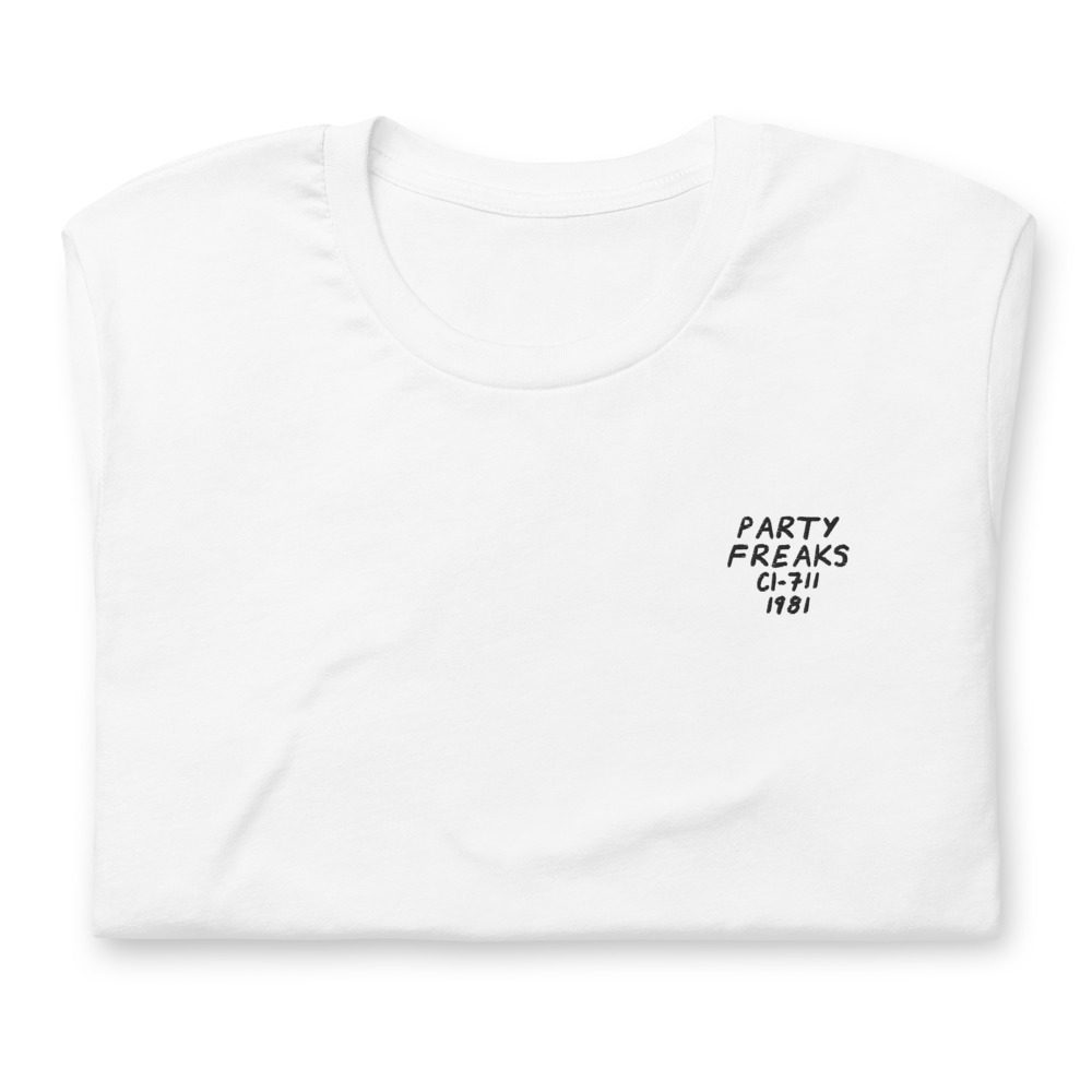 Its shirt, folded: a white tee with the record embroidered on the chest