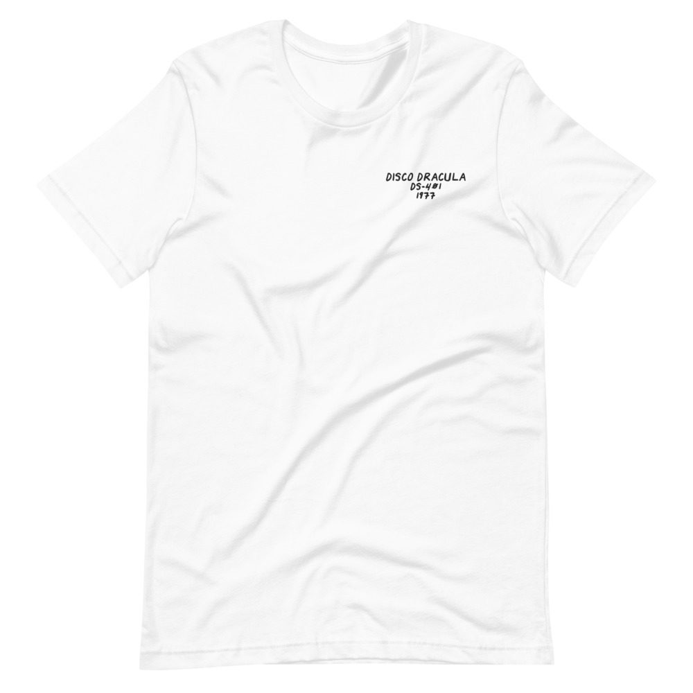Its shirt, wrinkled: a white tee with the record embroidered on the chest