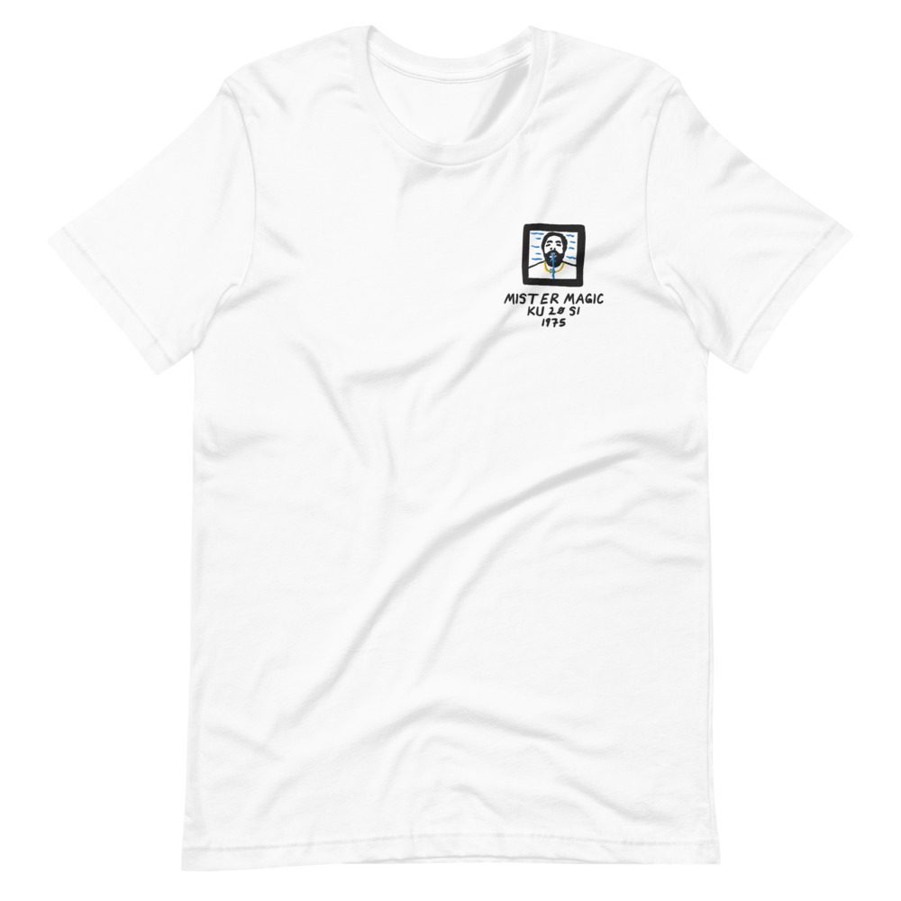 Its shirt, wrinkled: a white tee with the record embroidered on the chest