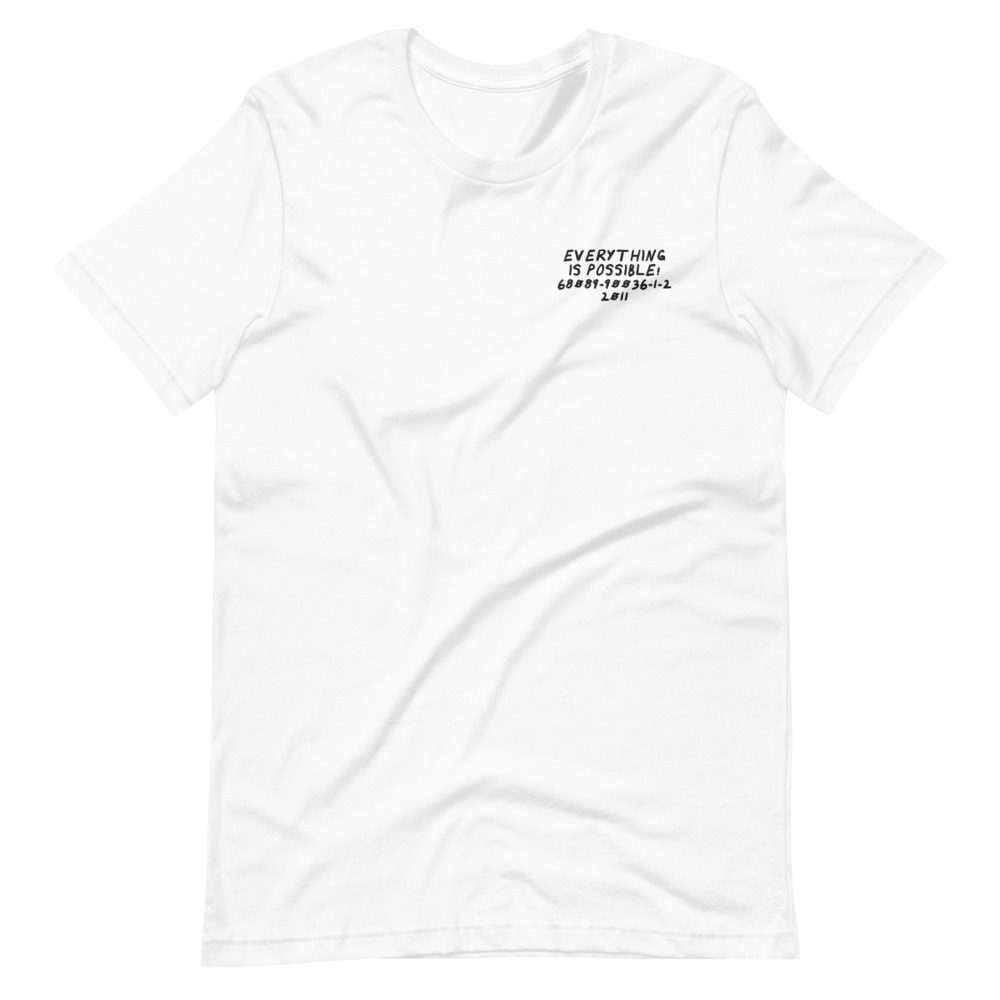 Its shirt, wrinkled: a white tee with the record embroidered on the chest