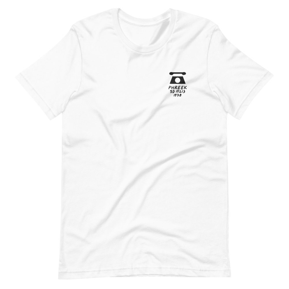 Its shirt, wrinkled: a white tee with the record embroidered on the chest