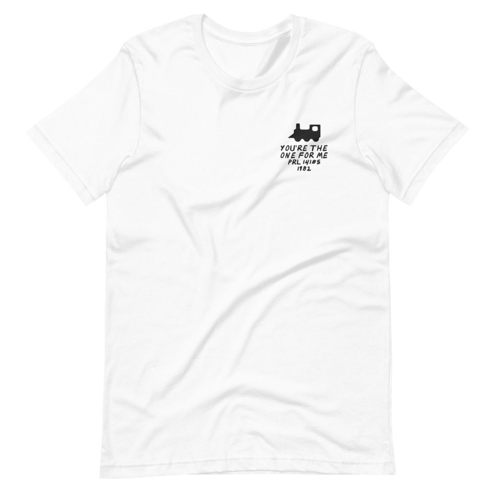 Its shirt, wrinkled: a white tee with the record embroidered on the chest