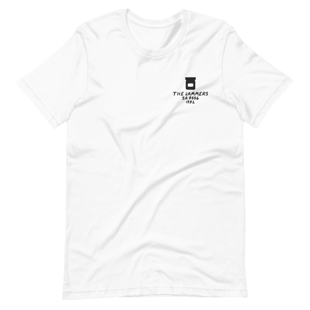Its shirt, wrinkled: a white tee with the record embroidered on the chest