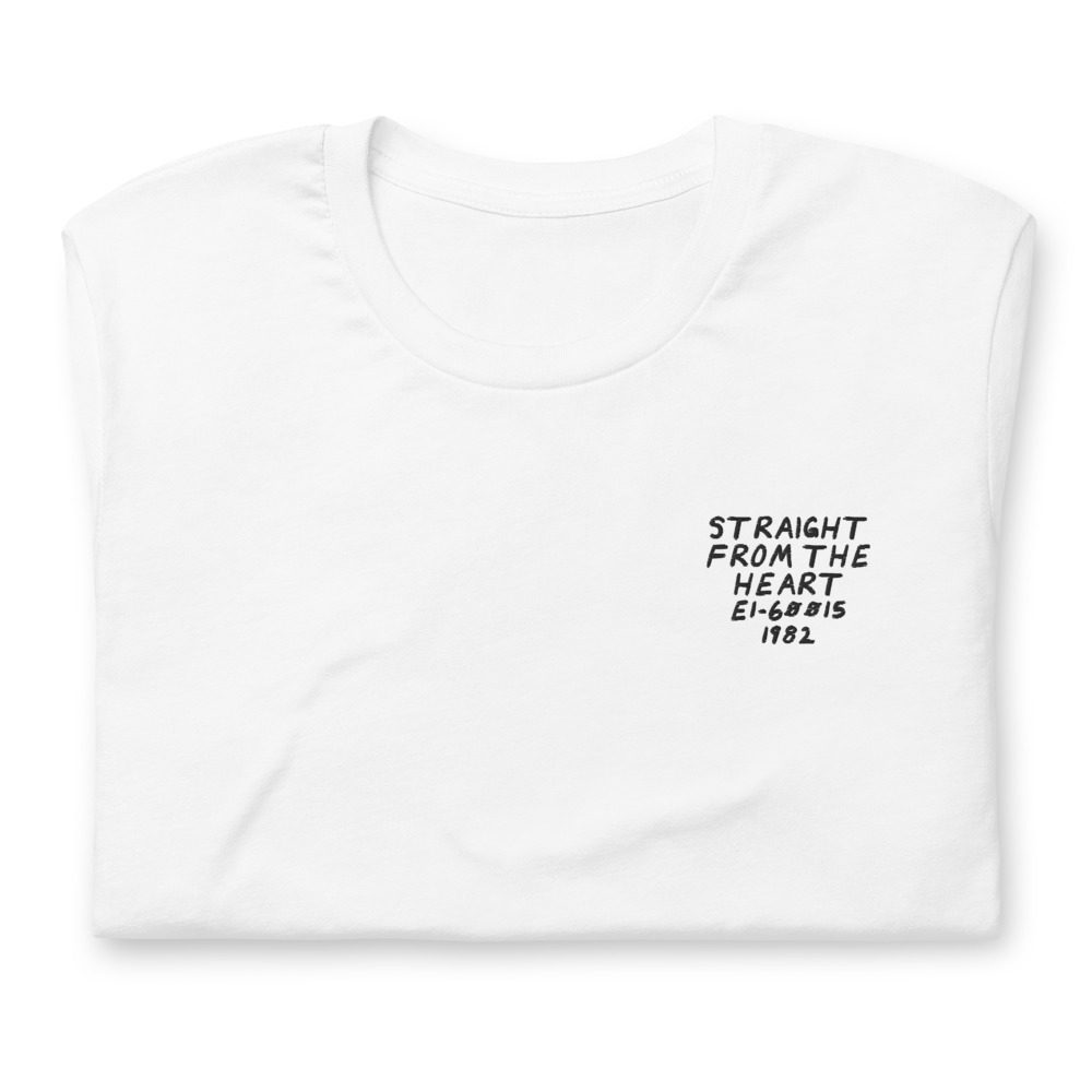 Its shirt, folded: a white tee with the record embroidered on the chest