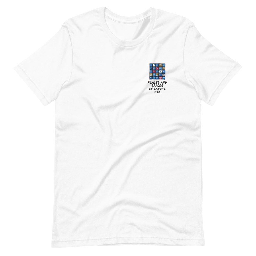 Its shirt, wrinkled: a white tee with the record embroidered on the chest