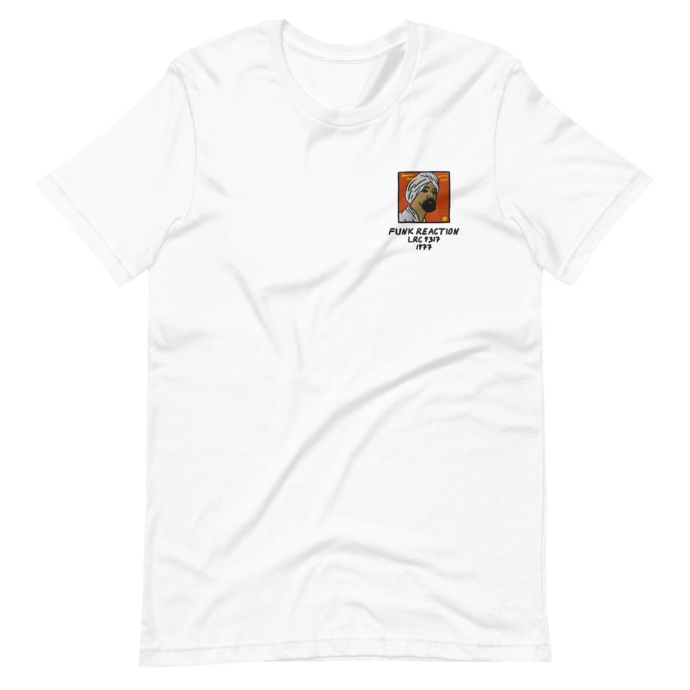 Its shirt, wrinkled: a white tee with the record embroidered on the chest