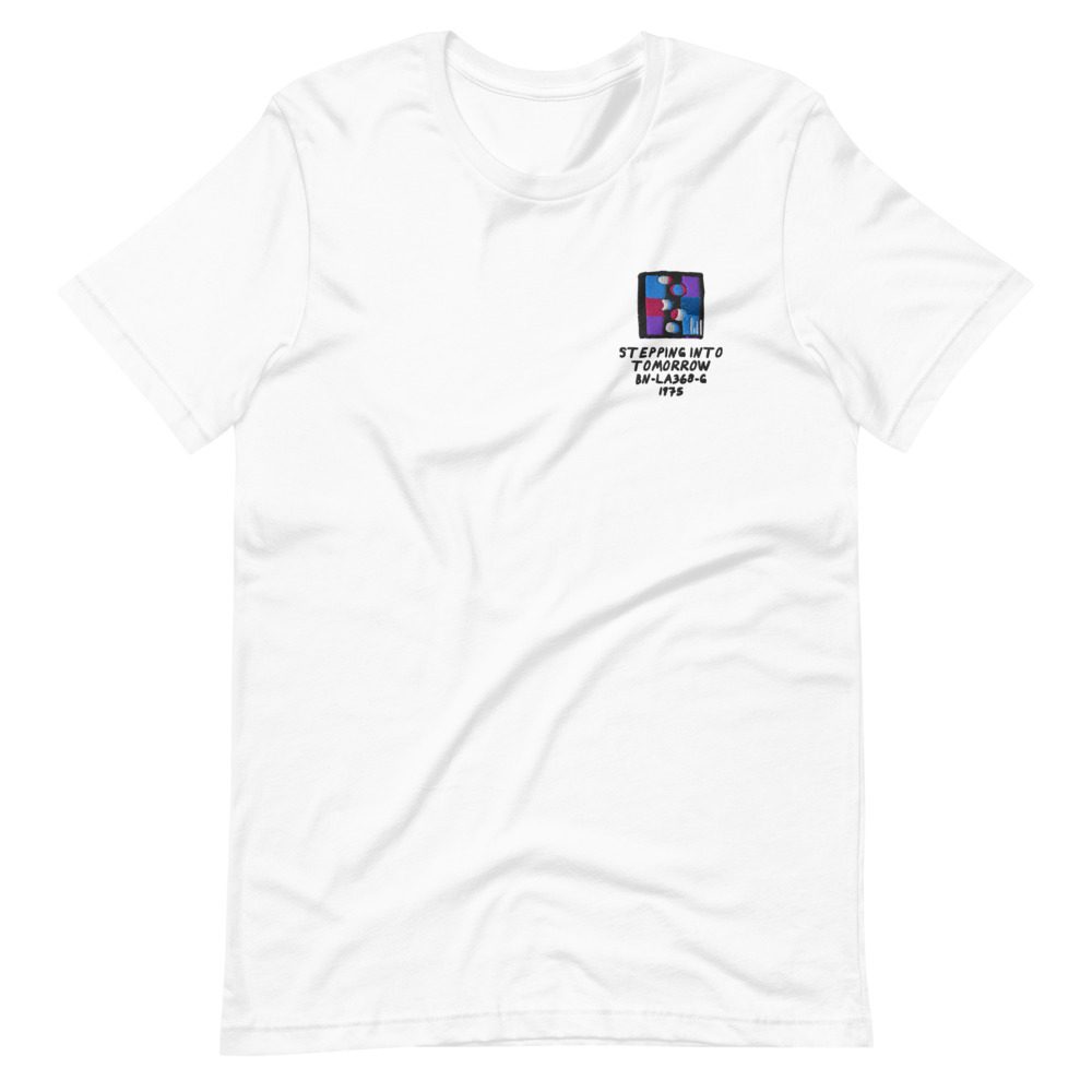 Its shirt, wrinkled: a white tee with the record embroidered on the chest