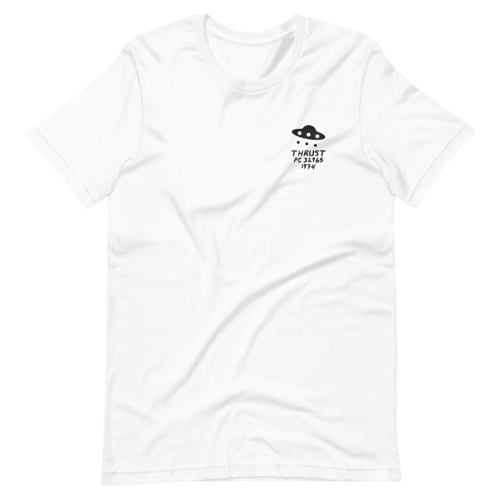 Its shirt, wrinkled: a white tee with the record embroidered on the chest