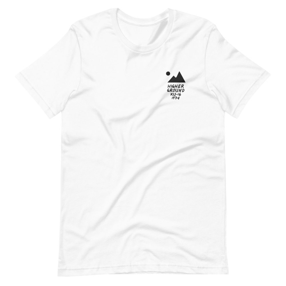 Its shirt, wrinkled: a white tee with the record embroidered on the chest