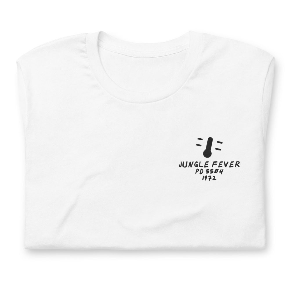 Its shirt, folded: a white tee with the record embroidered on the chest