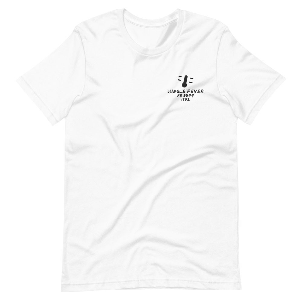 Its shirt, wrinkled: a white tee with the record embroidered on the chest
