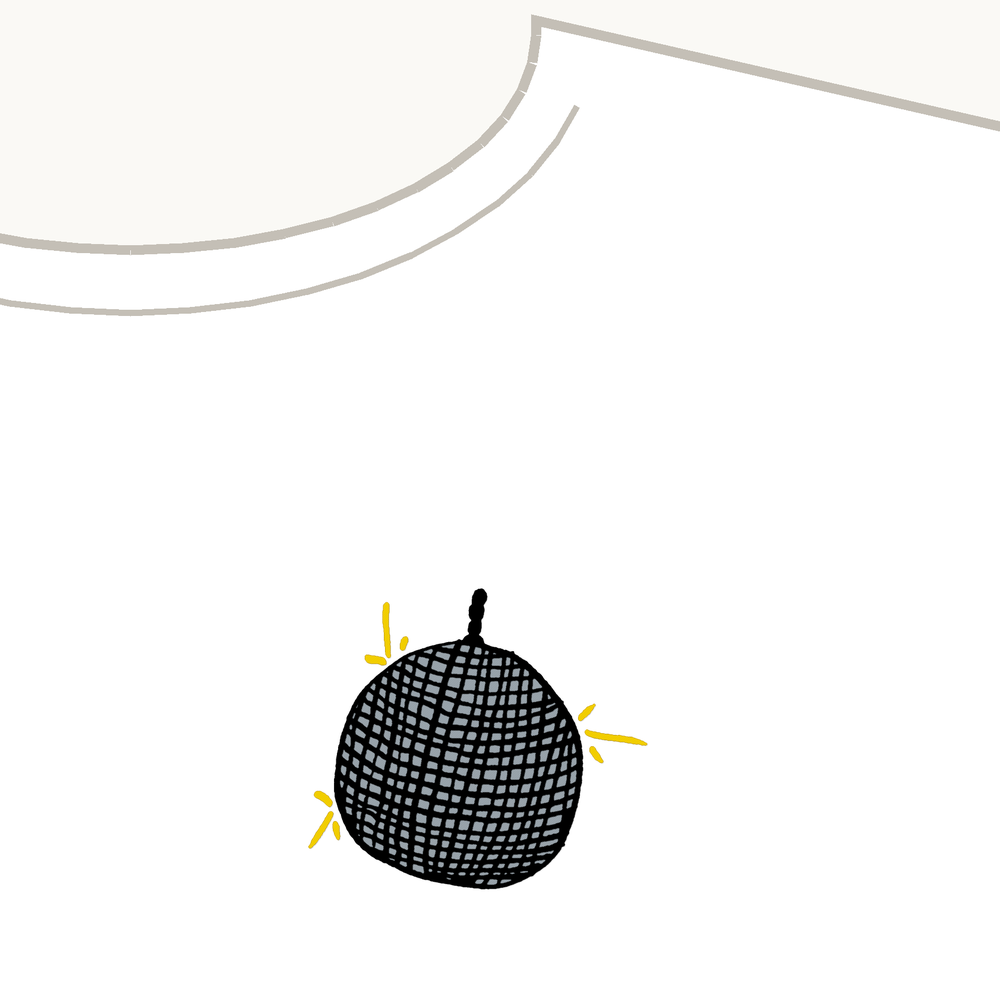 A white tee, embroidered in grey, gold and black thread. My drawing of a disco ball, the mark of the 100: the dance-floor and 70s records I keep in stock.