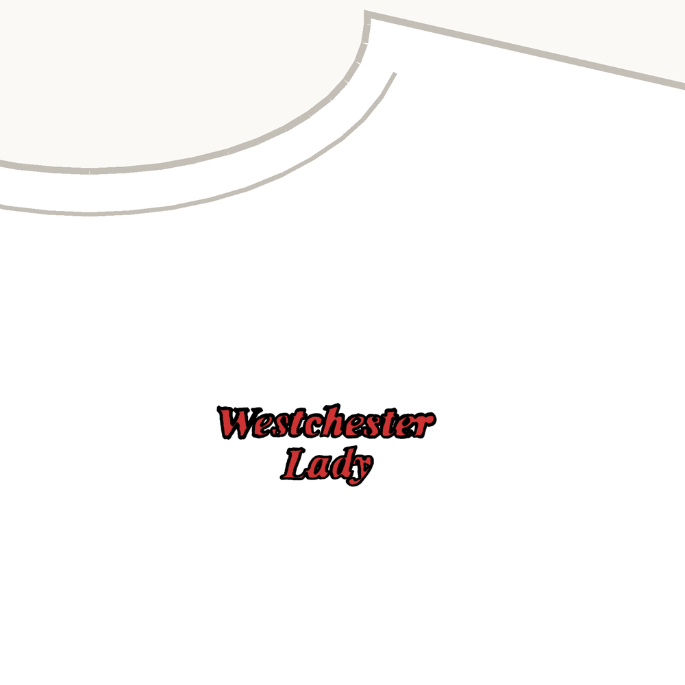 A white tee, embroidered in red and black thread. My own tracing of the words, in coral with a black marker outline.